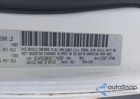 2016 Dodge Journey Sxt z USA, uszkodzony, nr VIN 3C4PDCBB3GT174757